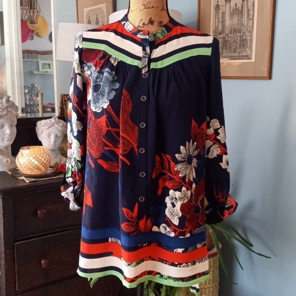 Anthropologie Plenty by Tracy Reese Mykonos Navy Multi Floral Tunic Blouse